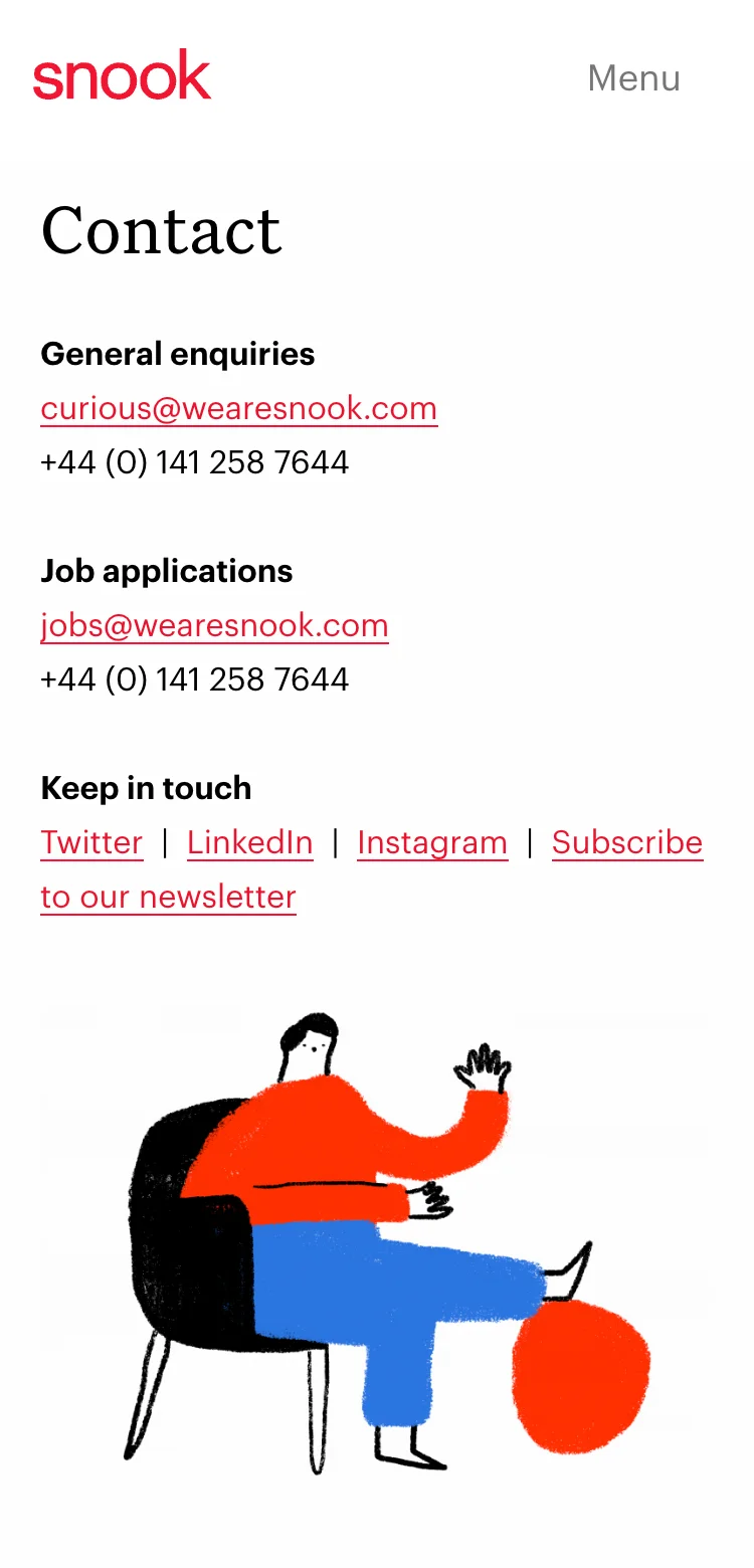The Contact Us page design from Snook's mobile website